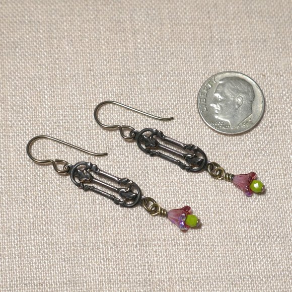 Hand Crafted Handmade Earrings Arts & Crafts Style Brass Pink Bell Flowe… - Picture 3 of 5